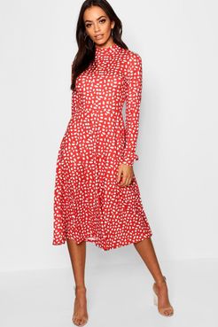 High Neck Long Sleeve Dalmatian Print Midi Dress - Red - 4