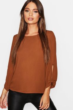 Bow Sleeve Woven Blouse - Red - 4