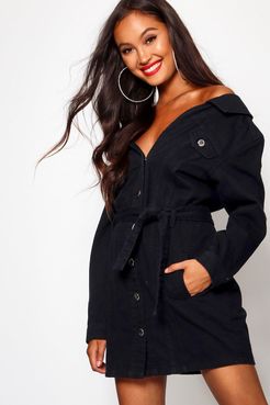 Off The Shoulder Denim Shirt Dress - Black - 4