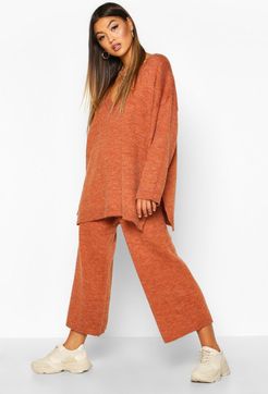 Oversized Slouchy Knitted Deep V Neck Two-Piece Set - Brown - S