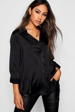 Woven Satin Oversized Long Sleeve Shirt - Black - 6