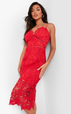 Lace Panelled Open Back Midi Dress - Red - 4