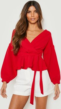 Bell Sleeve Wrap Over Top - Red - 4