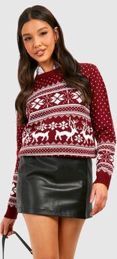 Fairisle Snowflake Reindeer Christmas Sweater - Red - S