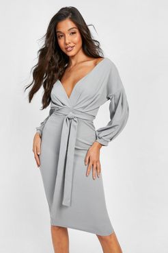 Off The Shoulder Wrap Midi Bodycon Dress - Grey - 4