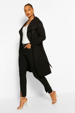 Belted Shawl Collar Coat - Black - One Size