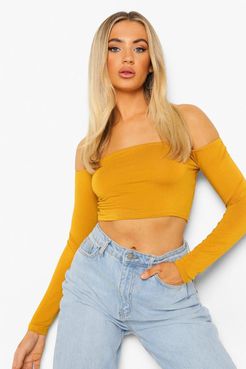 Basic Long Sleeve Off The Shoulder Crop Top - Yellow - 2