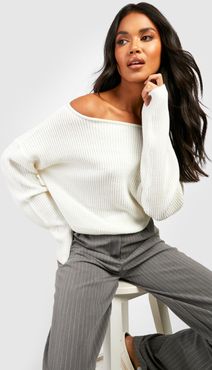 Crop Slash Neck Fisherman Sweater - White - M/L