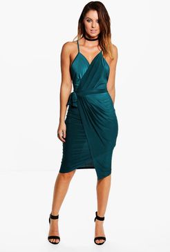 Wrap Over Exposed Side Detail Slinky Midi Dress - Green - 4