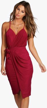 Wrap Over Exposed Side Detail Slinky Midi Dress - Pink - 4