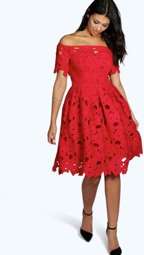 Boutique Off Shoulder Lace Skater Dress - Red - 4