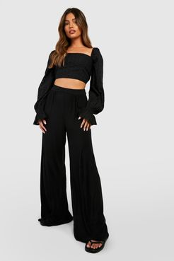 Basic Pin Tuck Soft Wide Leg Pants - Black - 6