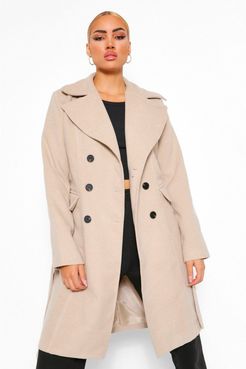 Double Breasted Belted Longline Wool Look Coat - Beige - 4