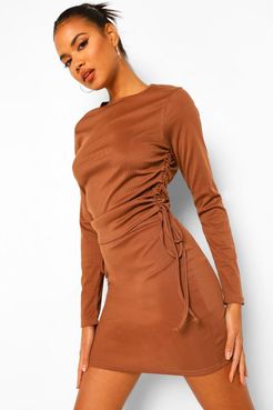 Rib Ruched Side Top And Midi Skirt Coord - Brown - 2
