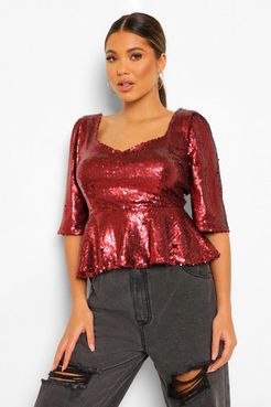 Sequin Sweetheart Peplum Top - Red - 2