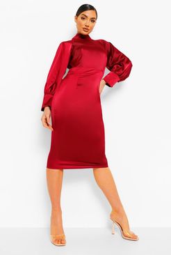 High Neck Balloon Sleeve Midi Dress - Red - 4