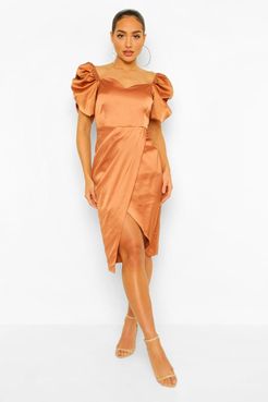 Satin Puff Sleeve Wrap Midi Dress - Orange - 4