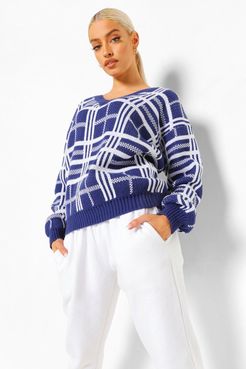 V Neck Trim Flannel Oversized Sweater - Blue - S