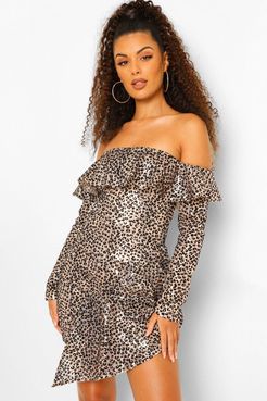 Sequin Leopard Off The Shoulder Mini Dress - Brown - 4