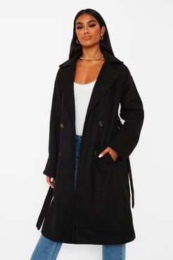 Wool Look Belted Trench Coat - Black - 6