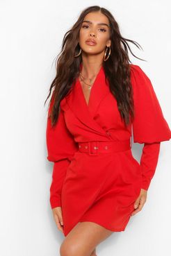 Woven Puff Sleeve Blazer Dress - Red - 4
