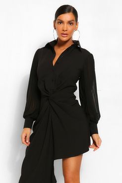 Pleated Sleeve Draped Shirt Dress - Black - 4