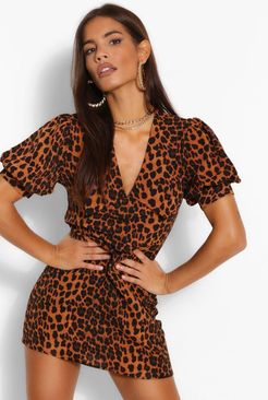 Leopard Print Plunge Puff Sleeve Shift Dress - Orange - 4