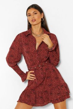 Spot Print Frill Hem Belted Shirt Dress - Orange - 4