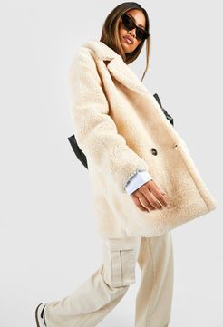 Double Breasted Faux Teddy Fur Coat - Beige - 4