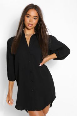 Puff Sleeve Oversized Shirt Dress - Black - 4