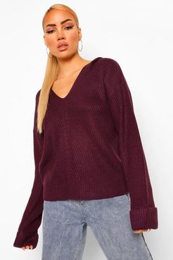 Turn Up Cuff Knitted Hoody - Purple - S