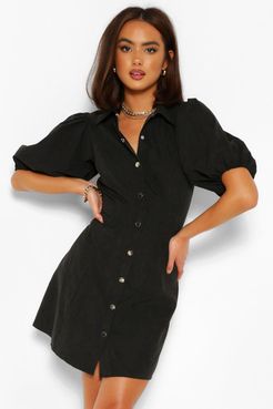 Puff Sleeve Button Down Shirt Dress - Black - 4