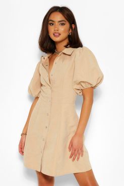 Puff Sleeve Button Down Shirt Dress - Beige - 4