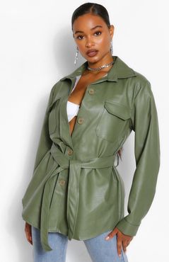 Belted Faux Leather Utility Jacket - Green - 6