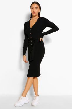 Belted Rib Knit Button Through Midi Dress - Black - Xs