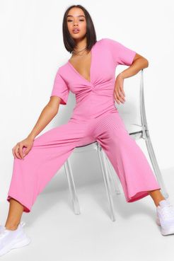 Ribbed Twist Front Culotte Jumpsuit - Pink - 6