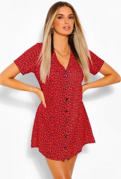Leopard Print Button Shift Dress - Red - 4