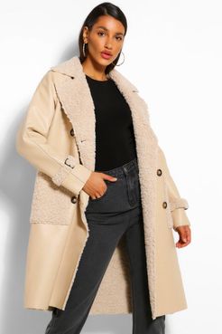 Faux Leather Teddy Trim Trench Coat - Beige - 4