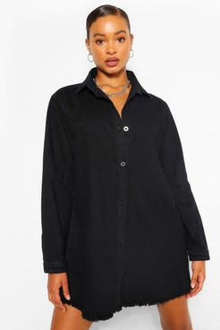 Fray Hem Oversized Denim Shirt Dress - Black - 2