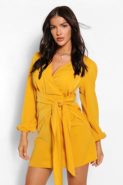 Long Sleeve Wrap Shift Dress - Yellow - 8
