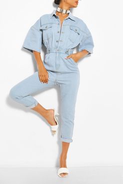 Waist Detail Denim Jumpsuit - Blue - 4