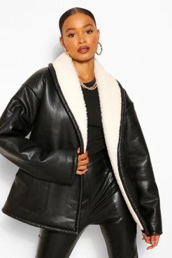 Faux Leather Belted Jacket - Black - 12