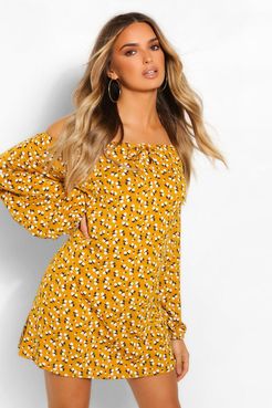Ditsy Floral Balloon Sleeve Smock Dress - Yellow - 4