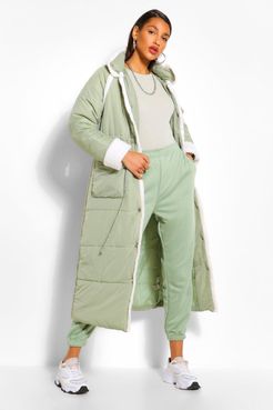 Teddy Faux Fur Trim Longline Puffer Jacket - Green - 4