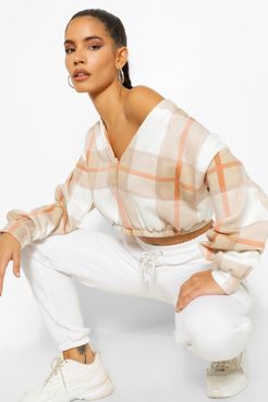 Flannel V Neck Crop Sweat - Beige - L