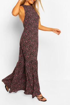 High Neck Tiered Hem Ditsy Maxi Dress - Black - 4