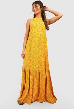 High Neck Tiered Hem Ditsy Maxi Dress - Yellow - 4