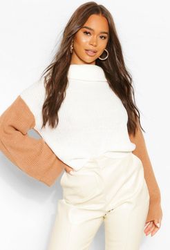 Colour Block Contrast Flare Sleeve Sweater - Brown - S