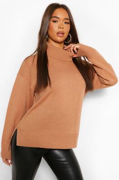 Turtleneck Tunic Length Chunky Sweater - Brown - S
