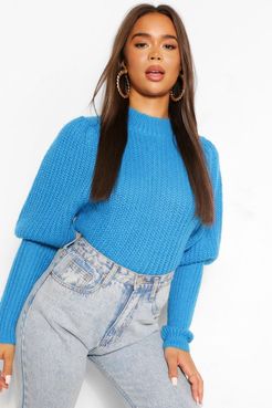 Textured Yarn Puff Sleeve Sweater - Blue - S